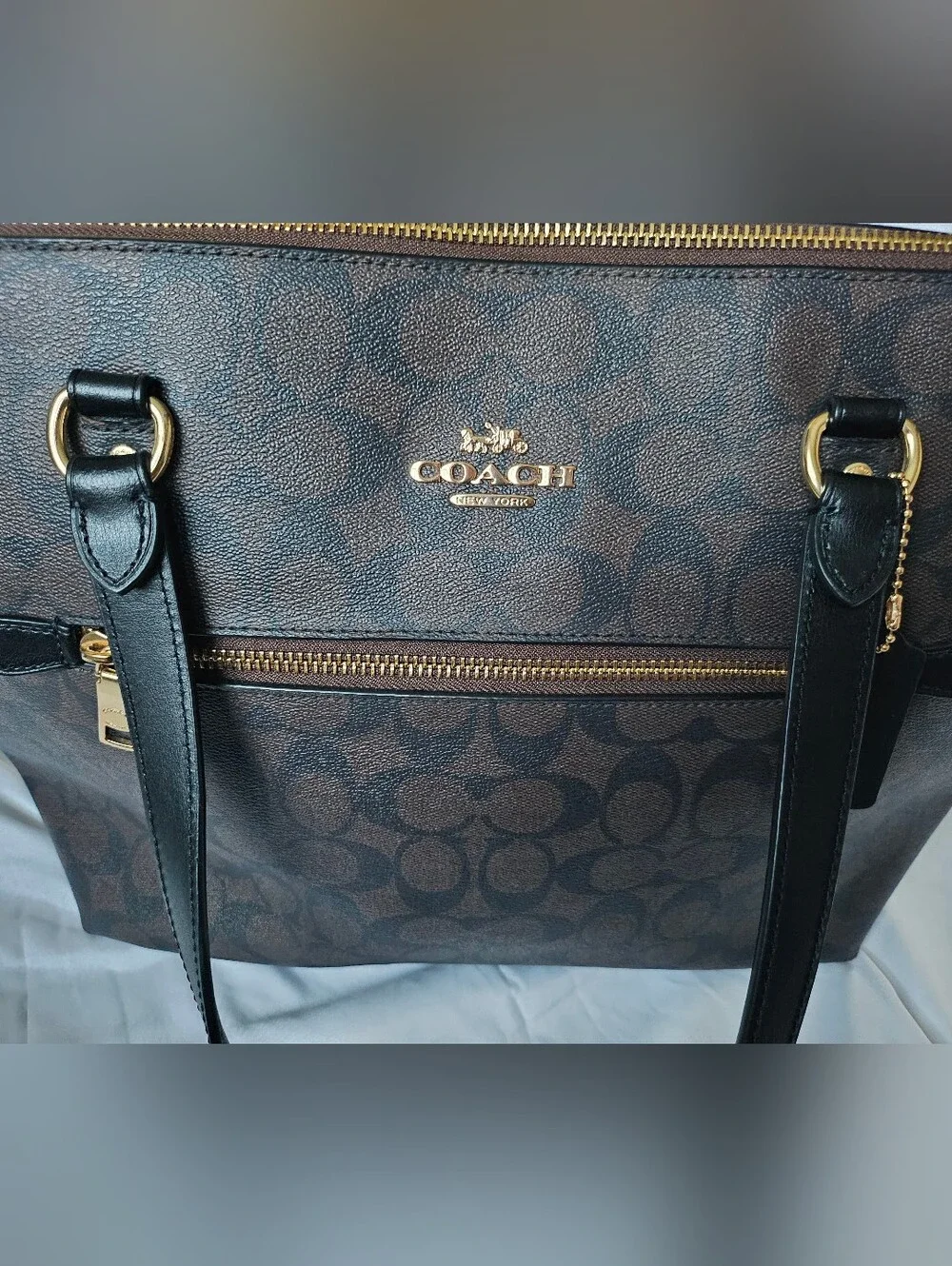 COACH Brown Signature Canvas Tote with Black Leather Straps